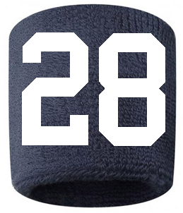 Number 28 Custom Navy Blue w/ White #'s Sweatband Wristband Embroidered Stitched