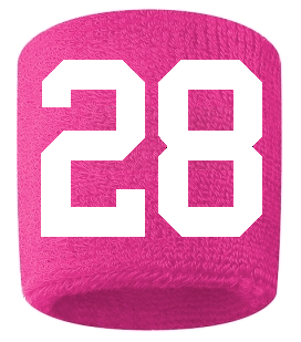 Number 28 Custom Hot Pink w/ White #'s Sweatband Wristband Embroidered Stitched