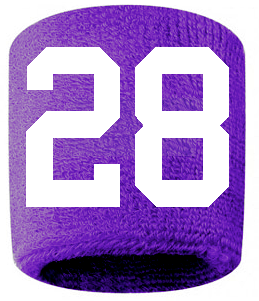 Number 28 Custom Purple w/ White #'s Sweatband Wristband Embroidered Stitched