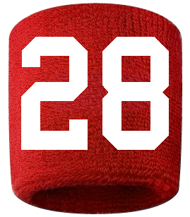 Number 28 Custom Red w/ White #'s Sweatband Wristband Embroidered Stitched