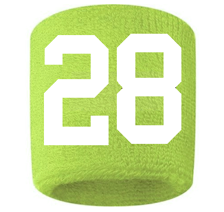 Number 28 Custom Volt Neon Lime Green w/ White #'s Sweatband Wristband Embroidered Stitched