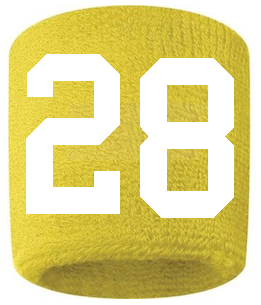 Number 28 Custom Yellow w/ White #'s Sweatband Wristband Embroidered Stitched