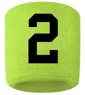 Number 2 Custom Volt Neon Lime Green w/ Black #'s Sweatband Wristband Embroidered Stitched