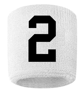 Number 2 Custom White w/ Black #'s Sweatband Wristband Embroidered Stitched