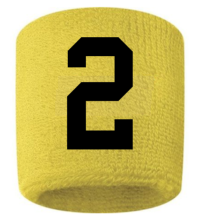 Number 2 Custom Yellow w/ Black #'s Sweatband Wristband Embroidered Stitched