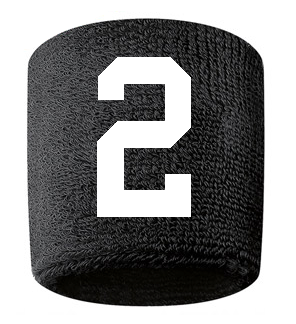 Number 2 Custom Black w/ White #'s Sweatband Wristband Embroidered Stitched