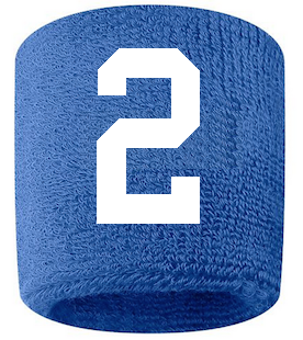 Number 2 Custom Royal Blue w/ White #'s Sweatband Wristband Embroidered Stitched