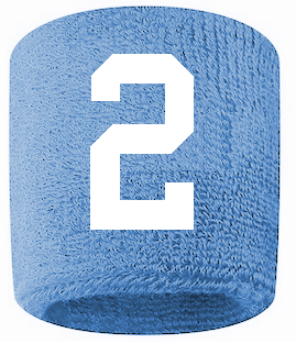 Number 2 Custom Light Blue w/ White #'s Sweatband Wristband Embroidered Stitched