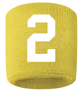Number 2 Custom Yellow w/ White #'s Sweatband Wristband Embroidered Stitched