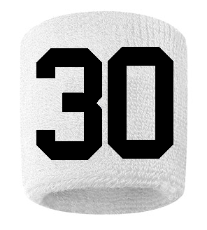 Number 30 Custom White w/ Black #'s Sweatband Wristband Embroidered Stitched
