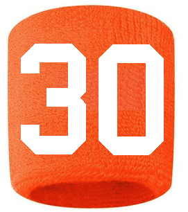 Number 30 Custom Orange w/ White #'s Sweatband Wristband Embroidered Stitched