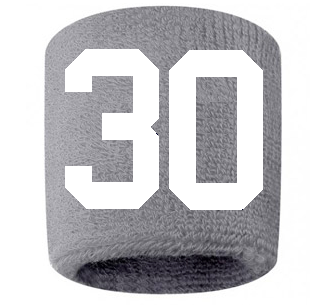 Number 30 Custom Gray w/ White #'s Sweatband Wristband Embroidered Stitched