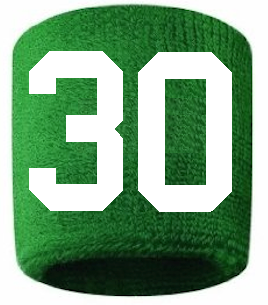 Number 30 Custom Green w/ White #'s Sweatband Wristband Embroidered Stitched