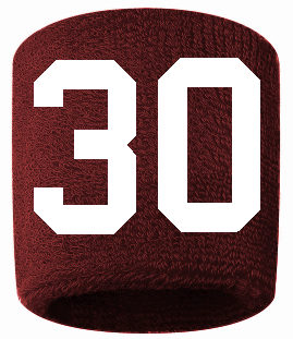 Number 30 Custom Maroon w/ White #'s Sweatband Wristband Embroidered Stitched