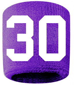 Number 30 Custom Purple w/ White #'s Sweatband Wristband Embroidered Stitched