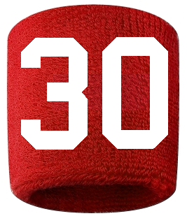 Number 30 Custom Red w/ White #'s Sweatband Wristband Embroidered Stitched