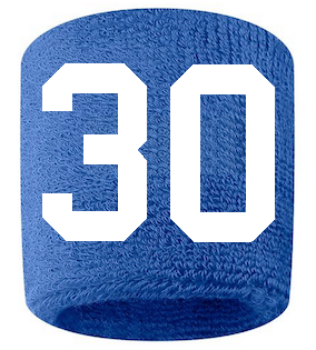 Number 30 Custom Royal Blue w/ White #'s Sweatband Wristband Embroidered Stitched