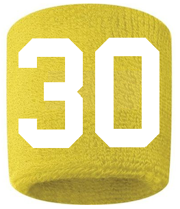 Number 30 Custom Yellow w/ White #'s Sweatband Wristband Embroidered Stitched