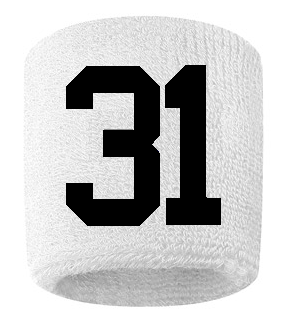 Number 31 Custom White w/ Black #'s Sweatband Wristband Embroidered Stitched