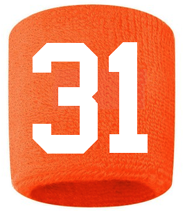 Number 31 Custom Orange w/ White #'s Sweatband Wristband Embroidered Stitched