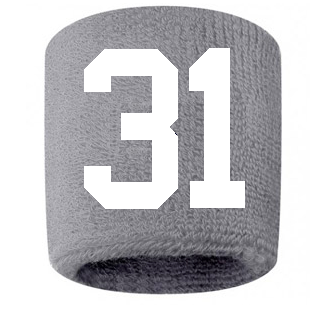 Number 31 Custom Gray w/ White #'s Sweatband Wristband Embroidered Stitched
