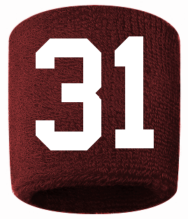 Number 31 Custom Maroon w/ White #'s Sweatband Wristband Embroidered Stitched