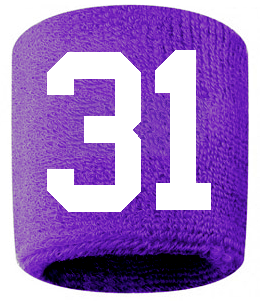 Number 31 Custom Purple w/ White #'s Sweatband Wristband Embroidered Stitched