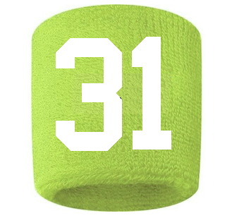 Number 31 Custom Volt Neon Lime Green w/ White #'s Sweatband Wristband Embroidered Stitched