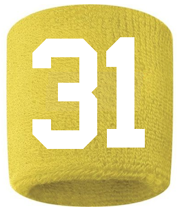 Number 31 Custom Yellow w/ White #'s Sweatband Wristband Embroidered Stitched