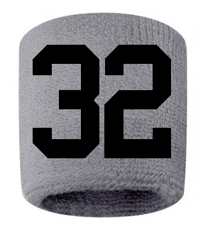 Number 32 Custom Gray w/ Black #'s Sweatband Wristband Embroidered Stitched