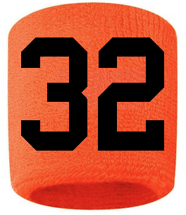 Number 32 Custom Orange w/ Black #'s Sweatband Wristband Embroidered Stitched