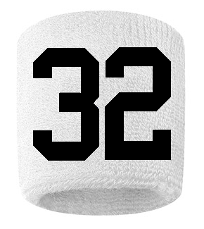 Number 32 Custom White w/ Black #'s Sweatband Wristband Embroidered Stitched