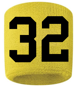 Number 32 Custom Yellow w/ Black #'s Sweatband Wristband Embroidered Stitched