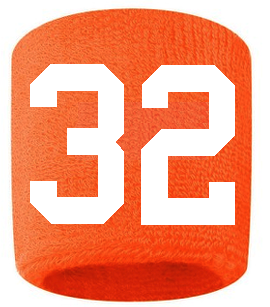 Number 32 Custom Orange w/ White #'s Sweatband Wristband Embroidered Stitched