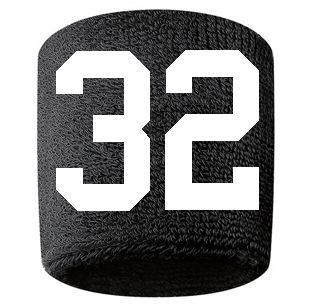 Number 32 Custom Black w/ White #'s Sweatband Wristband Embroidered Stitched