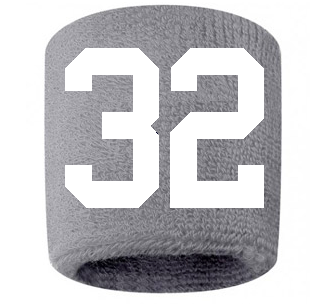 Number 32 Custom Gray w/ White #'s Sweatband Wristband Embroidered Stitched