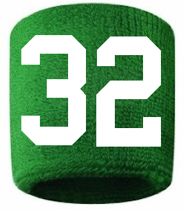 Number 32 Custom Green w/ White #'s Sweatband Wristband Embroidered Stitched