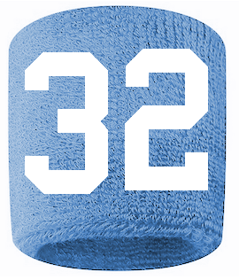 Number 32 Custom Light Blue w/ White #'s Sweatband Wristband Embroidered Stitched