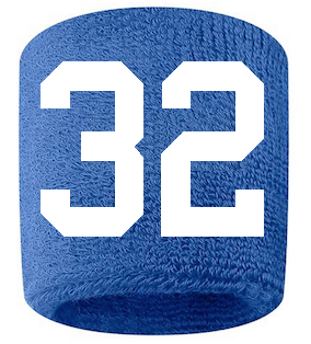 Number 32 Custom Royal Blue w/ White #'s Sweatband Wristband Embroidered Stitched