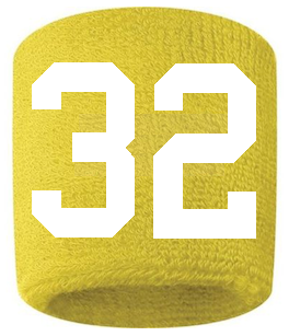 Number 32 Custom Yellow w/ White #'s Sweatband Wristband Embroidered Stitched