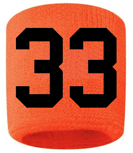 Number 33 Custom Orange w/ Black #'s Sweatband Wristband Embroidered Stitched