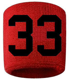 Number 33 Custom Red w/ Black #'s Sweatband Wristband Embroidered Stitched