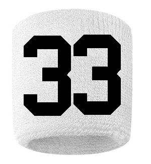Number 33 Custom White w/ Black #'s Sweatband Wristband Embroidered Stitched