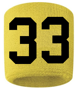Number 33 Custom Yellow w/ Black #'s Sweatband Wristband Embroidered Stitched