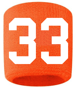Number 33 Custom Orange w/ White #'s Sweatband Wristband Embroidered Stitched
