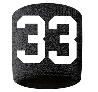 Number 33 Custom Black w/ White #'s Sweatband Wristband Embroidered Stitched