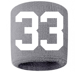 Number 33 Custom Gray w/ White #'s Sweatband Wristband Embroidered Stitched