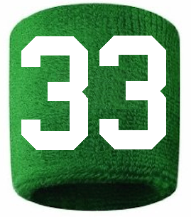 Number 33 Custom Green w/ White #'s Sweatband Wristband Embroidered Stitched
