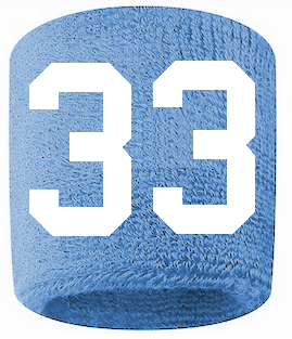 Number 33 Custom Light Blue w/ White #'s Sweatband Wristband Embroidered Stitched