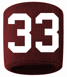 Number 33 Custom Maroon w/ White #'s Sweatband Wristband Embroidered Stitched